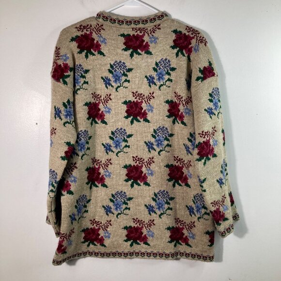 Womens Vintage 90s Dana Scott Floral Sweater Crew Neck Tan Red M Acrylic - Picture 2 of 8